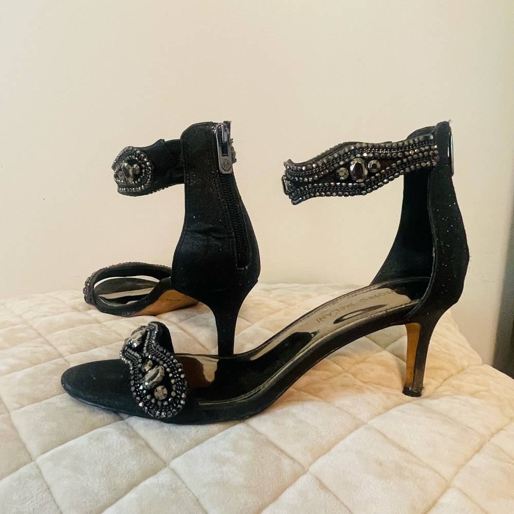 ANTONIO MELANI Gun Metal Deep Grey Heels with Ankle Strap and Perforated Design